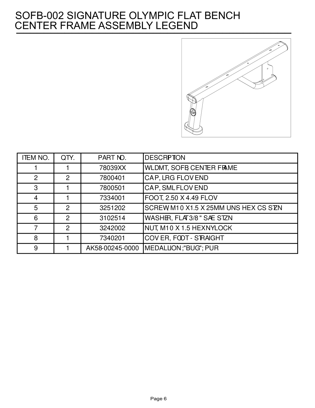 Life Fitness SOFB-002 manual Item no QTY Description 