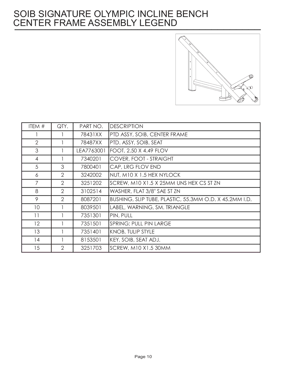 Life Fitness SOIB manual Item # QTY Description 