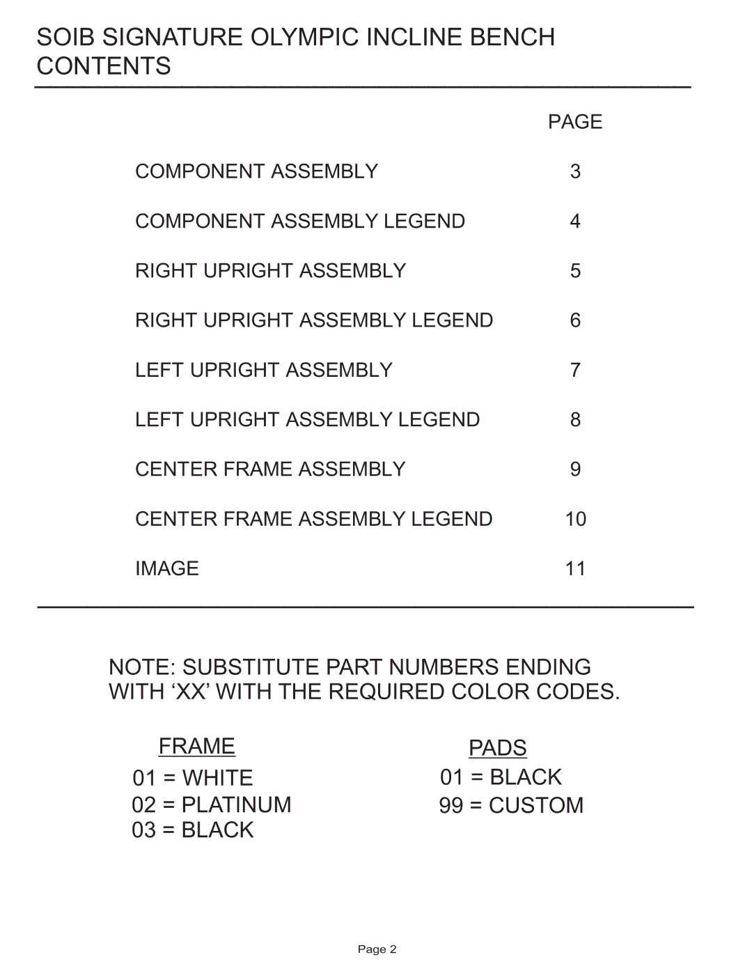 Life Fitness SOIB manual Soib Signature Olympic Incline Bench Contents 