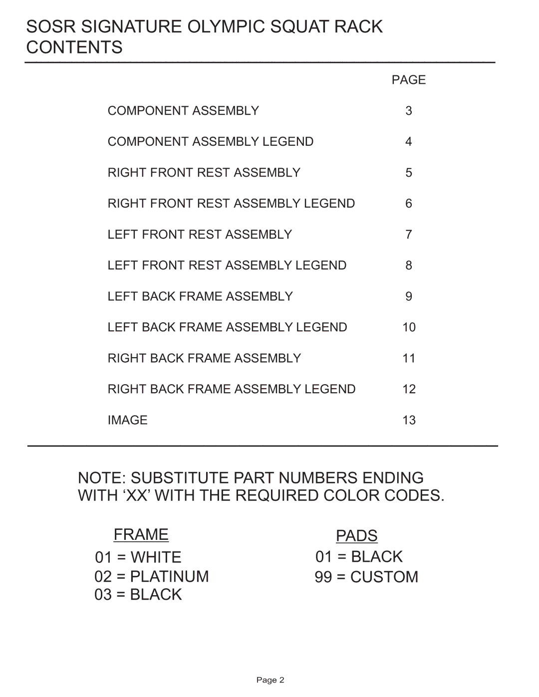 Life Fitness SOSR manual Sosr Signature Olympic Squat Rack Contents 