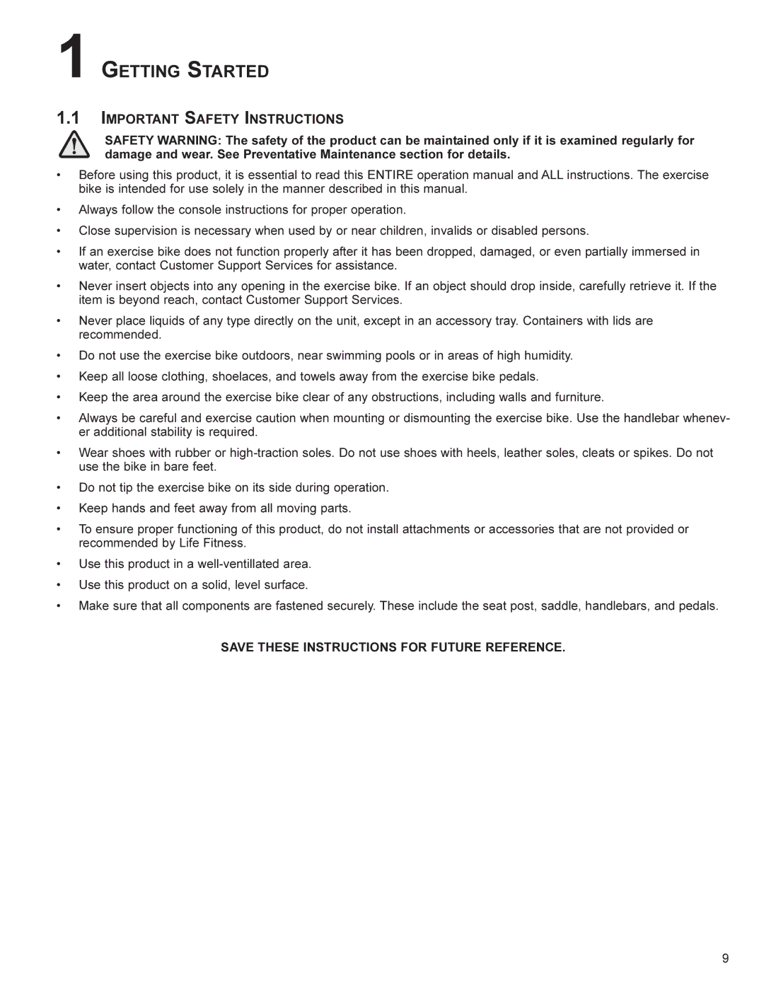 Life Fitness SR30, SU30 user manual Getting Started, Important Safety Instructions 