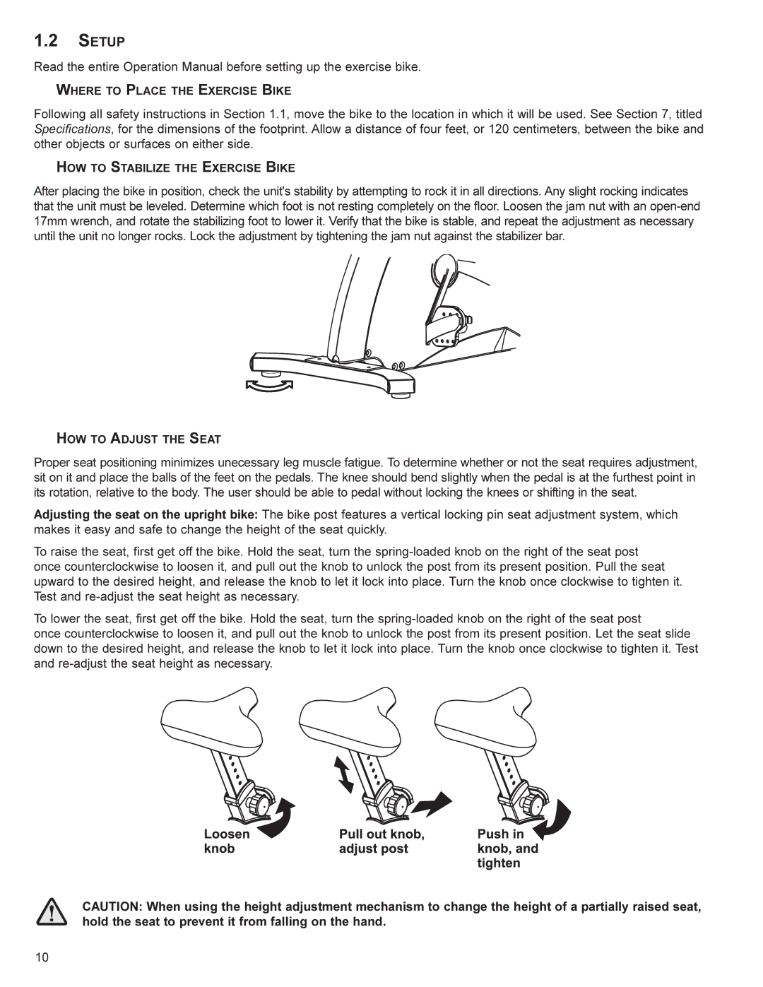 Life Fitness SU30, SR30 user manual Setup, HOW to Stabilize the Exercise Bike 