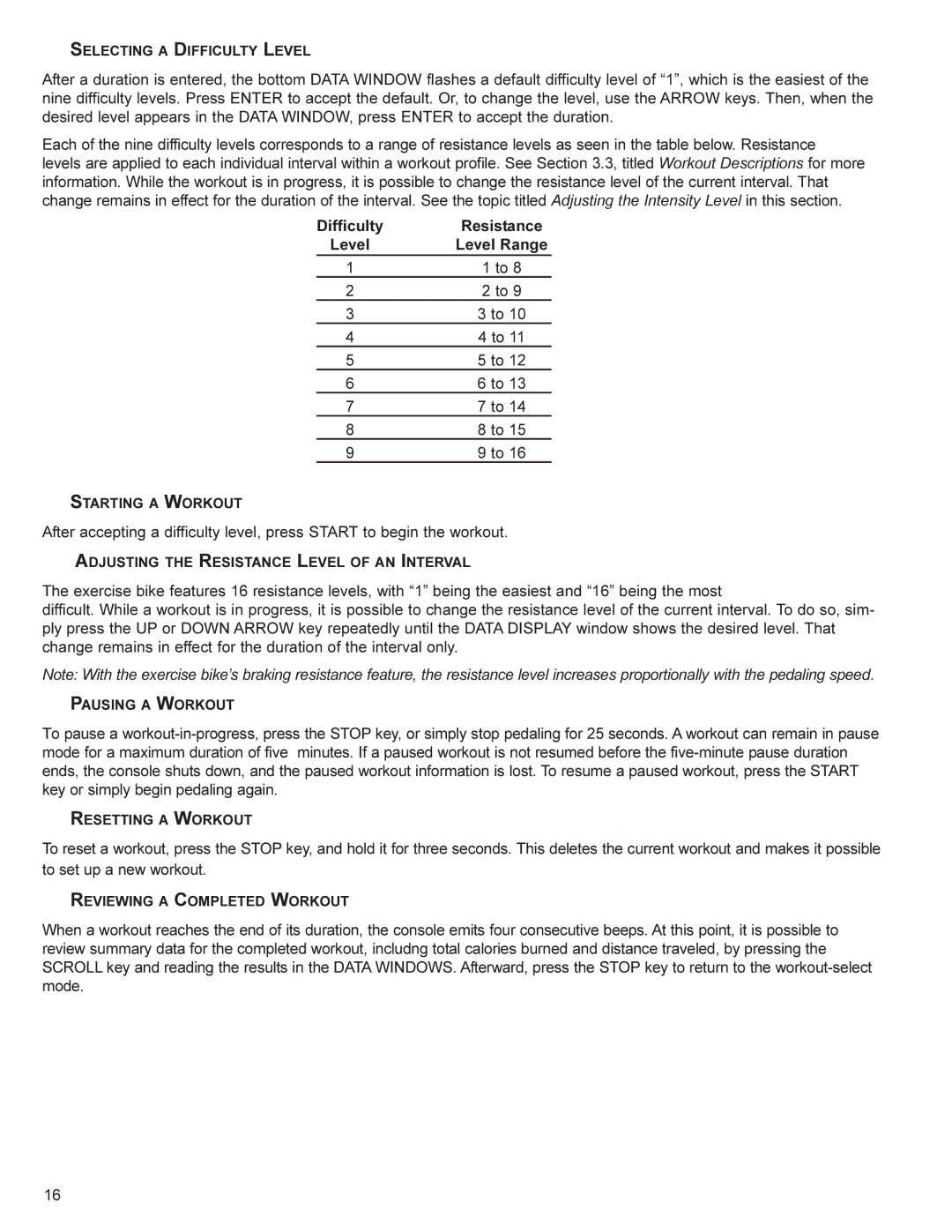 Life Fitness SU30, SR30 user manual Difficulty Resistance, Level Range 