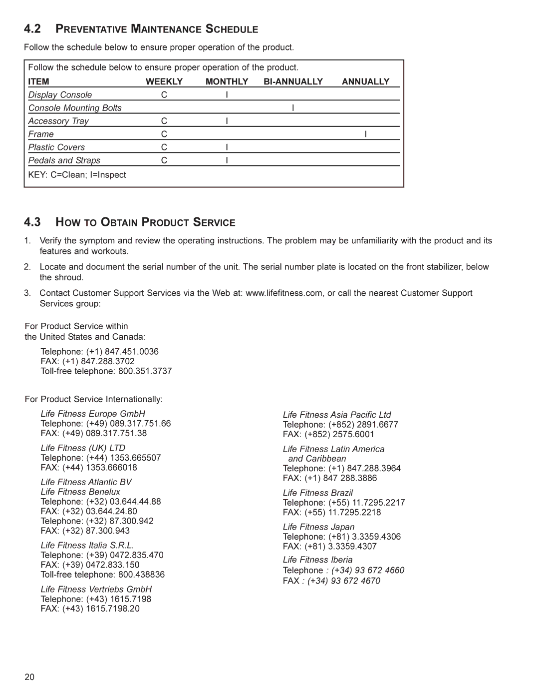 Life Fitness SU30, SR30 user manual Preventative Maintenance Schedule, HOW to Obtain Product Service 