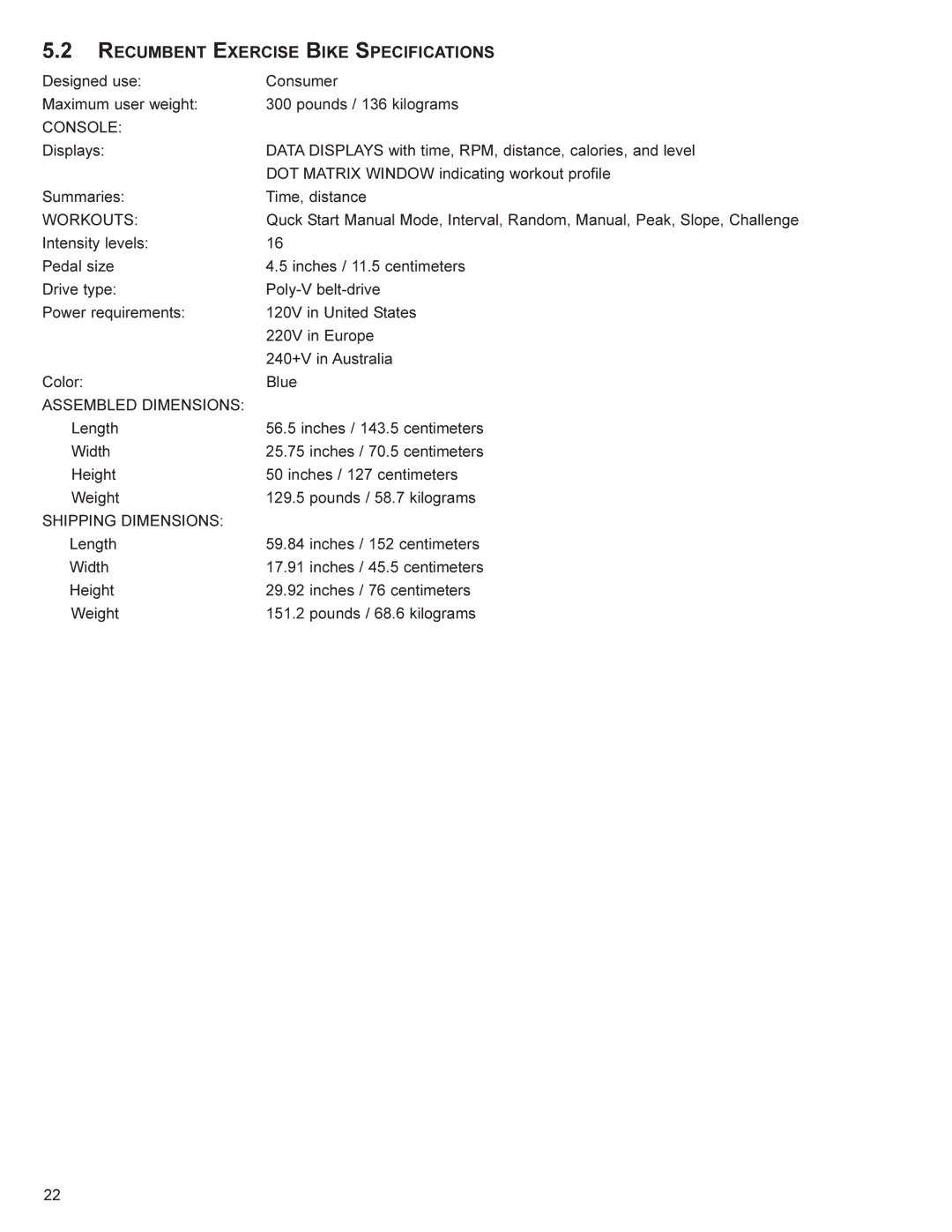 Life Fitness SU30, SR30 user manual Recumbent Exercise Bike Specifications 