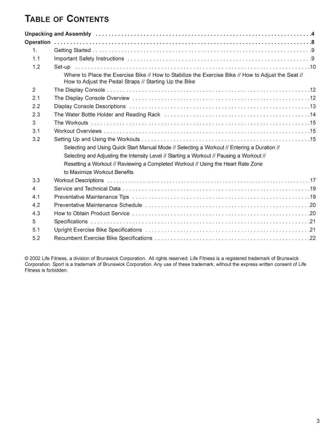 Life Fitness SR30, SU30 user manual Table of Contents 