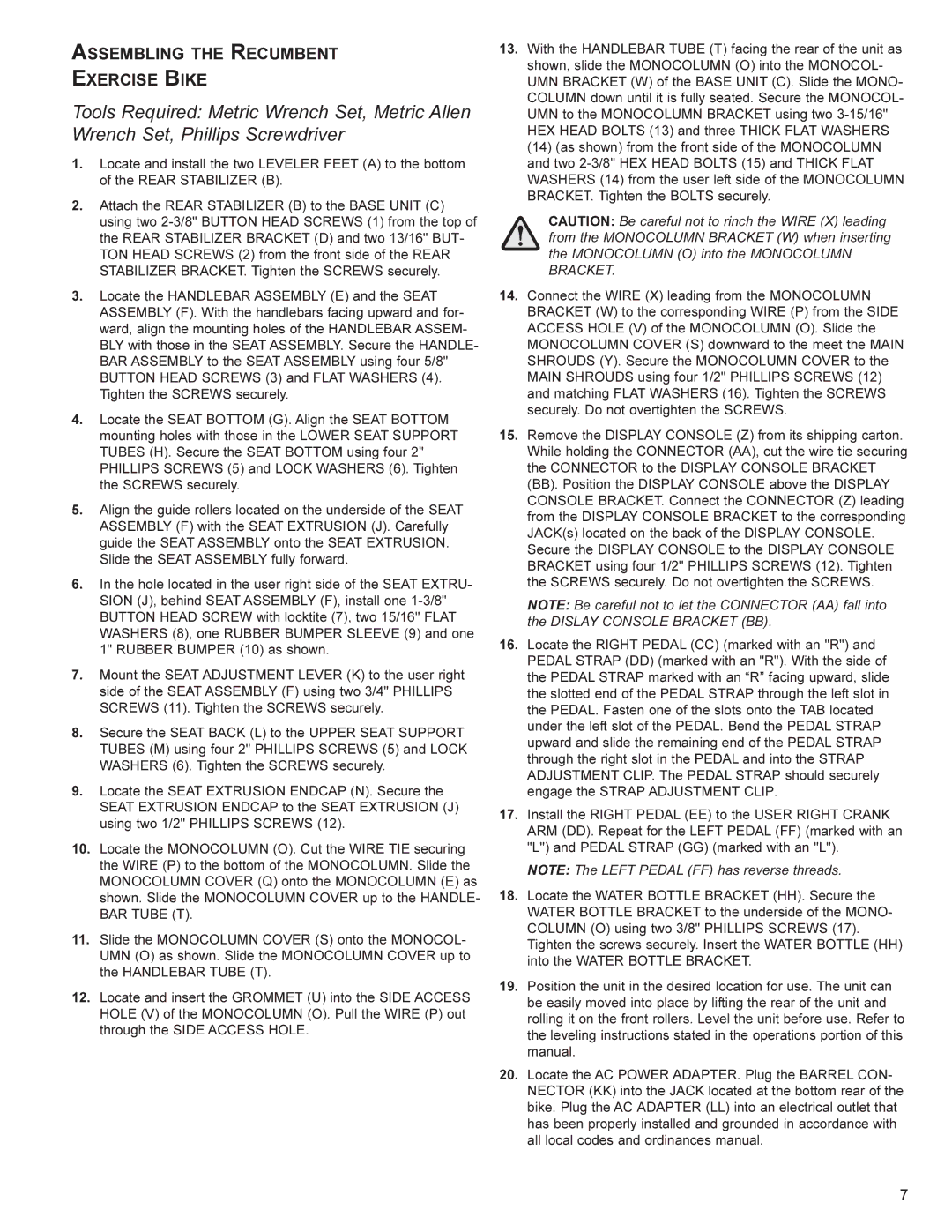 Life Fitness SR30, SU30 user manual Assembling the Recumbent Exercise Bike 