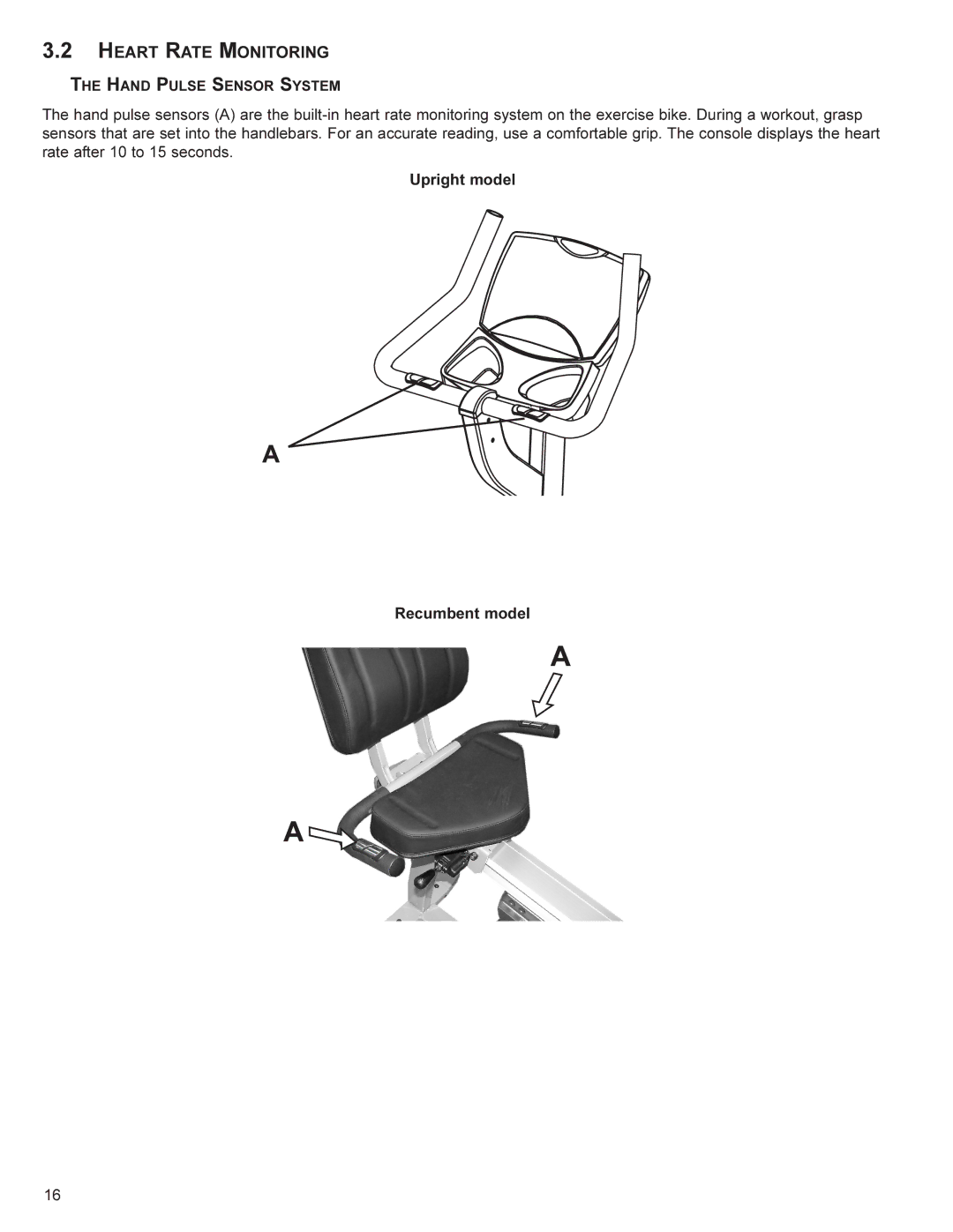 Life Fitness SR70 user manual Heart Rate Monitoring, Upright model Recumbent model 