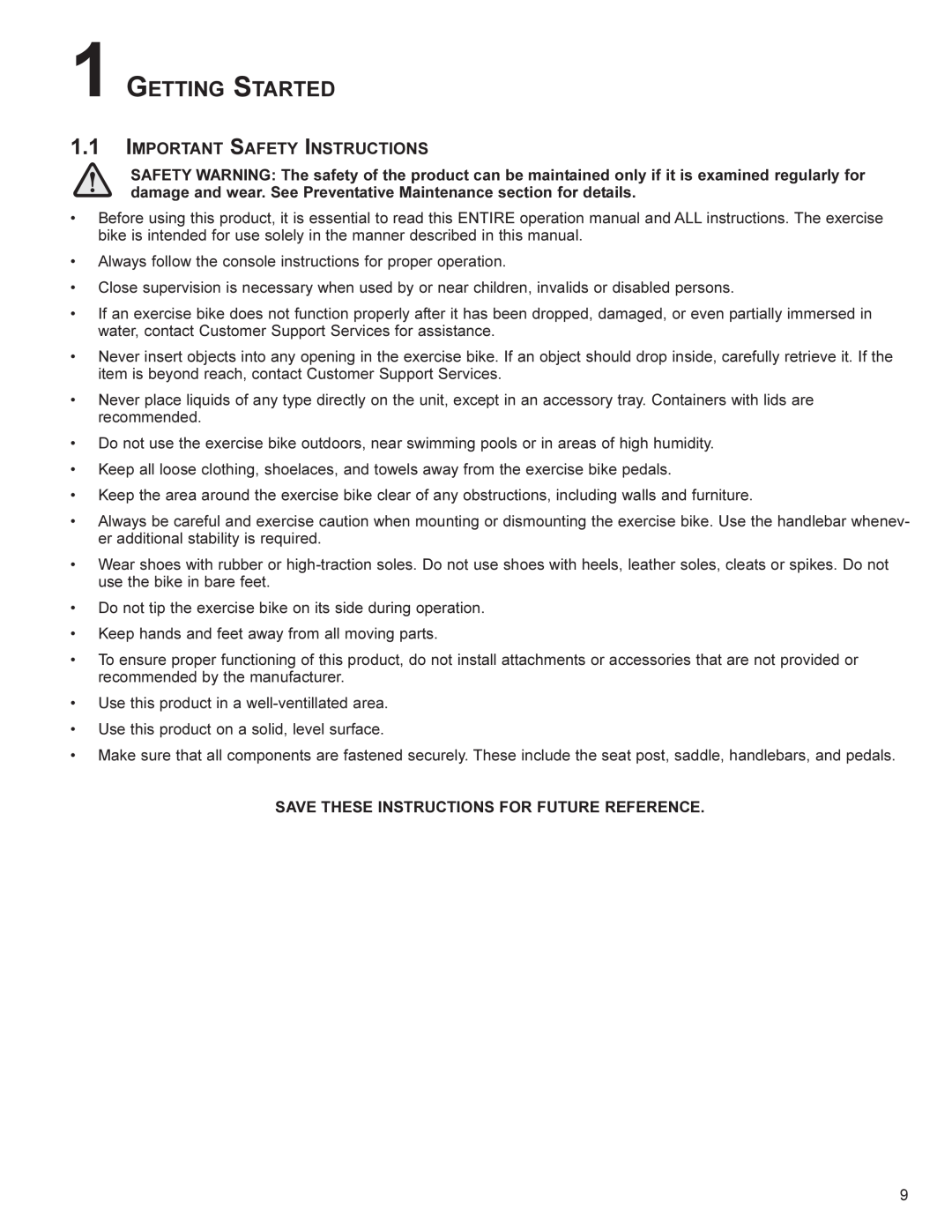 Life Fitness SR70 user manual Getting Started, Important Safety Instructions, Save These Instructions For Future Reference 