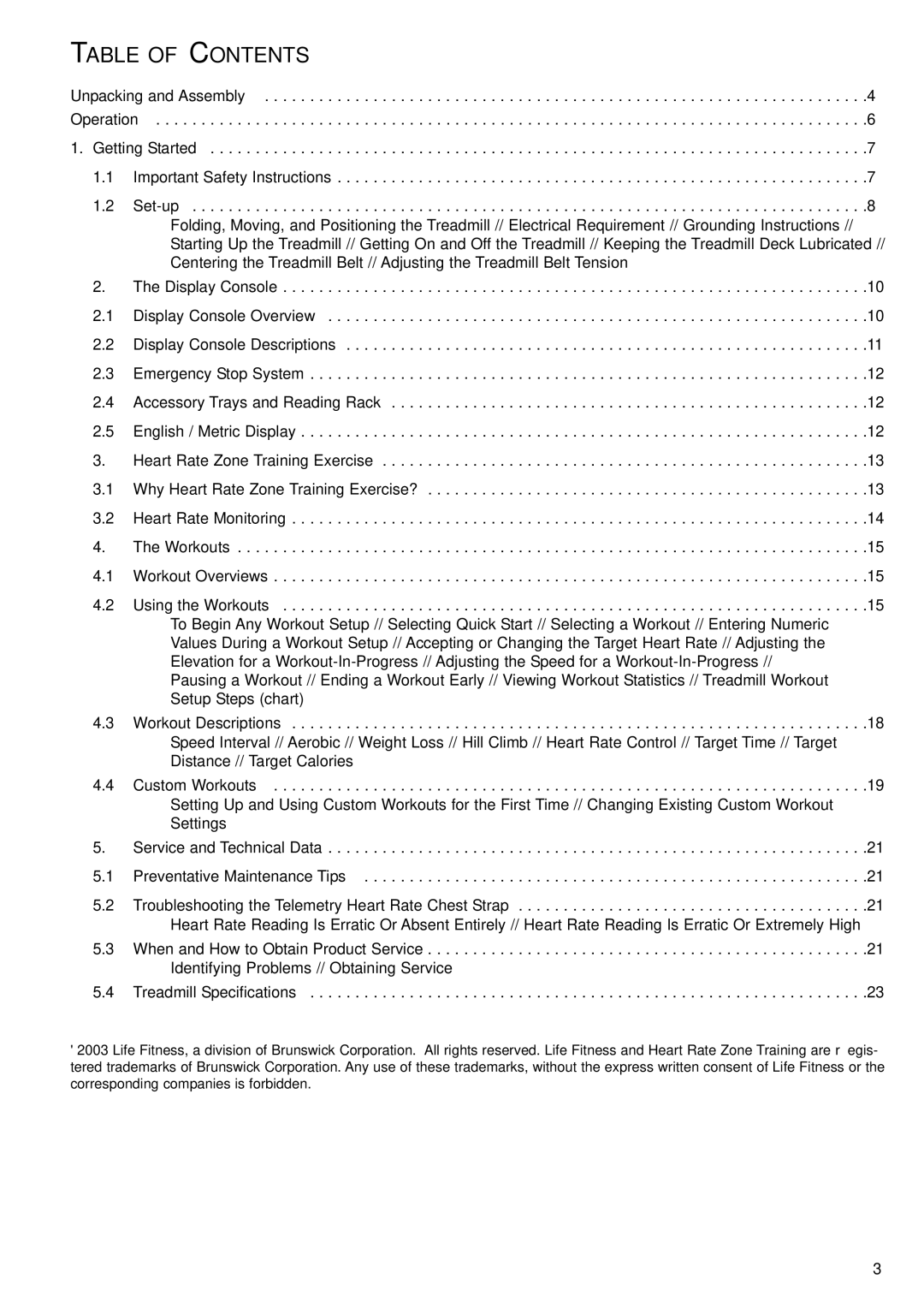 Life Fitness ST55 Treadmill user manual Table of Contents 