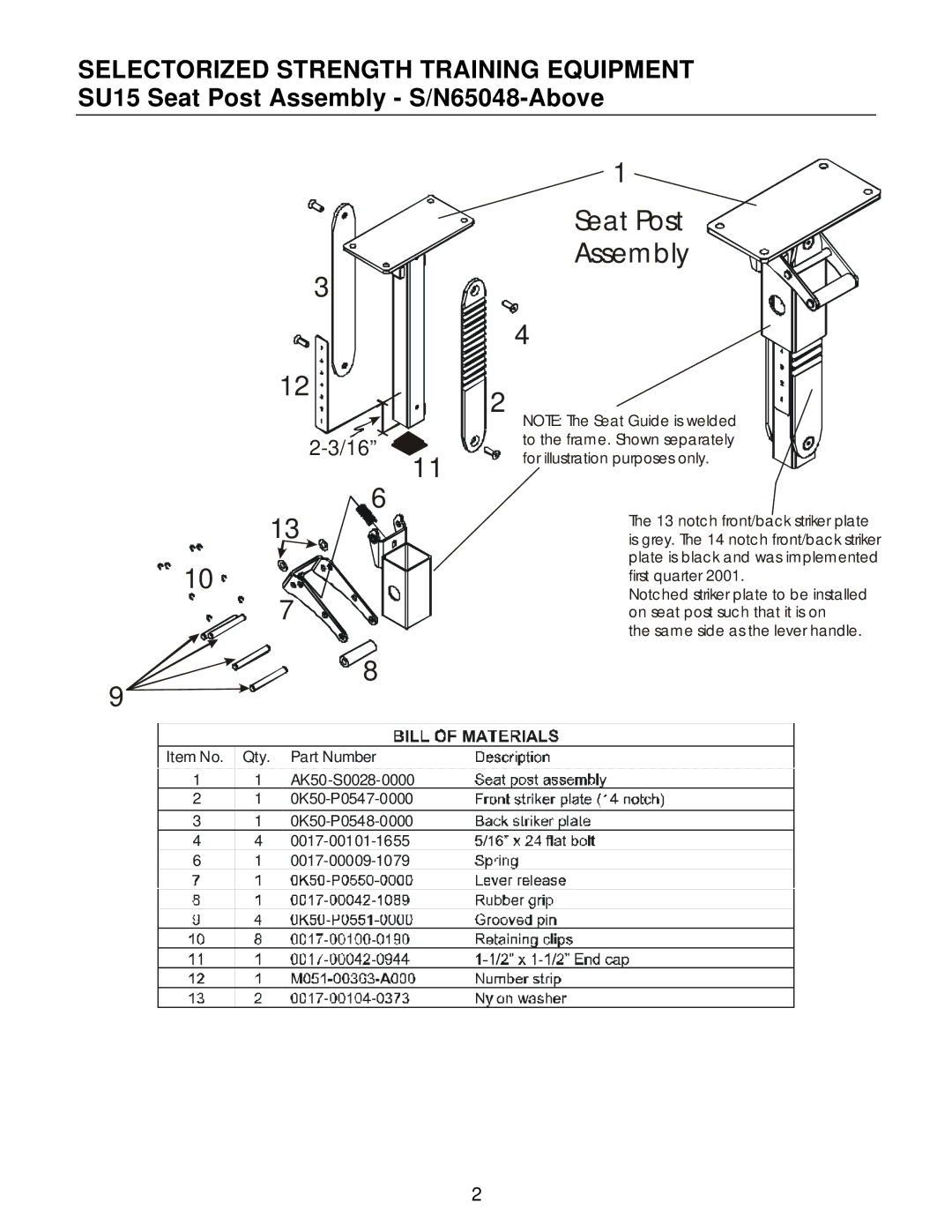 Life Fitness SU15 manual Seat Post Assembly 