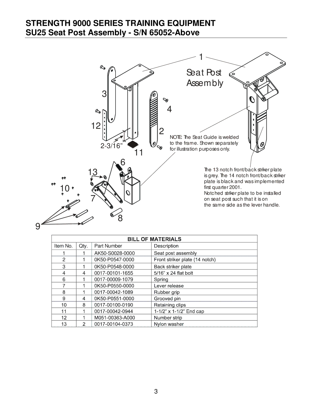 Life Fitness SU25 manual Seat Post Assembly 