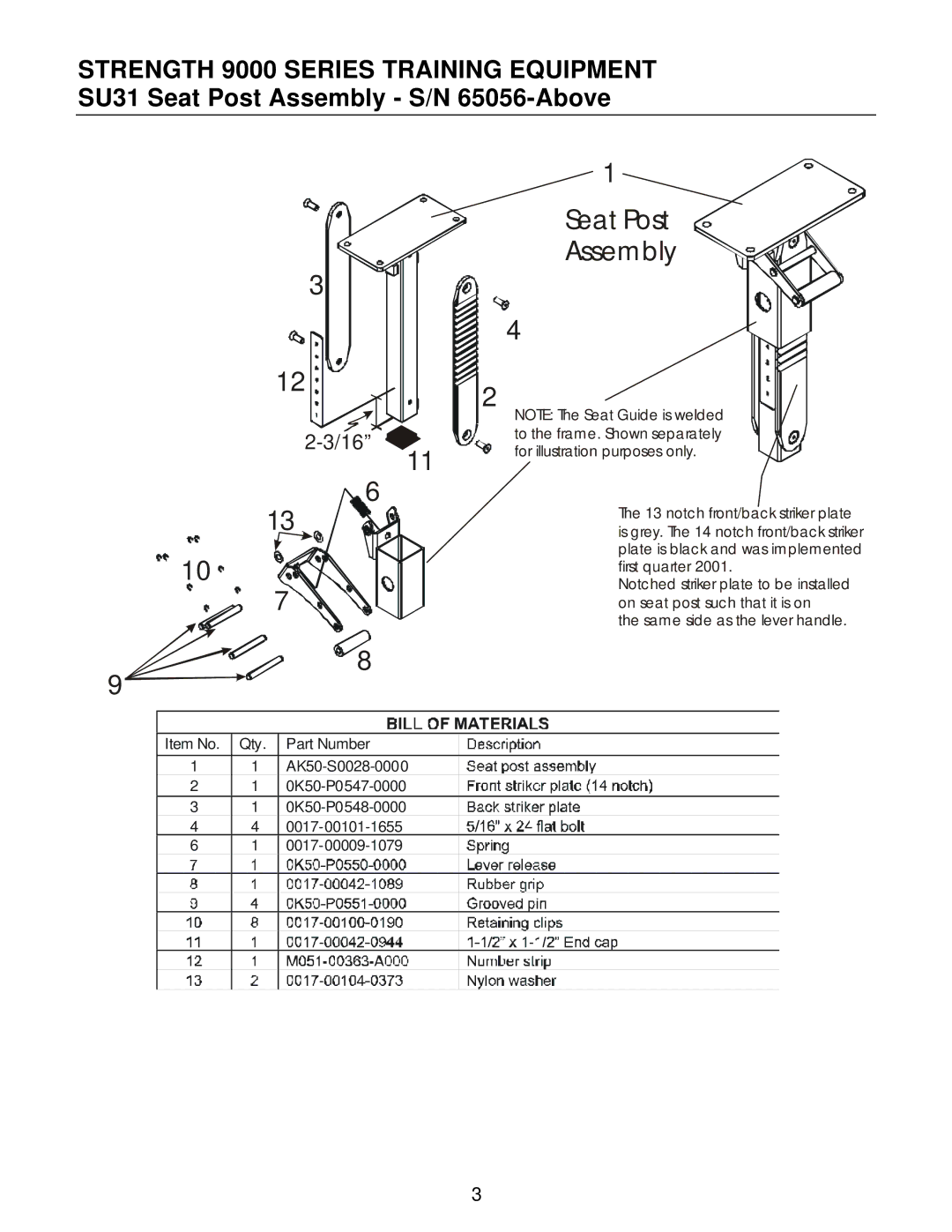 Life Fitness SU31 manual Seat Post Assembly 