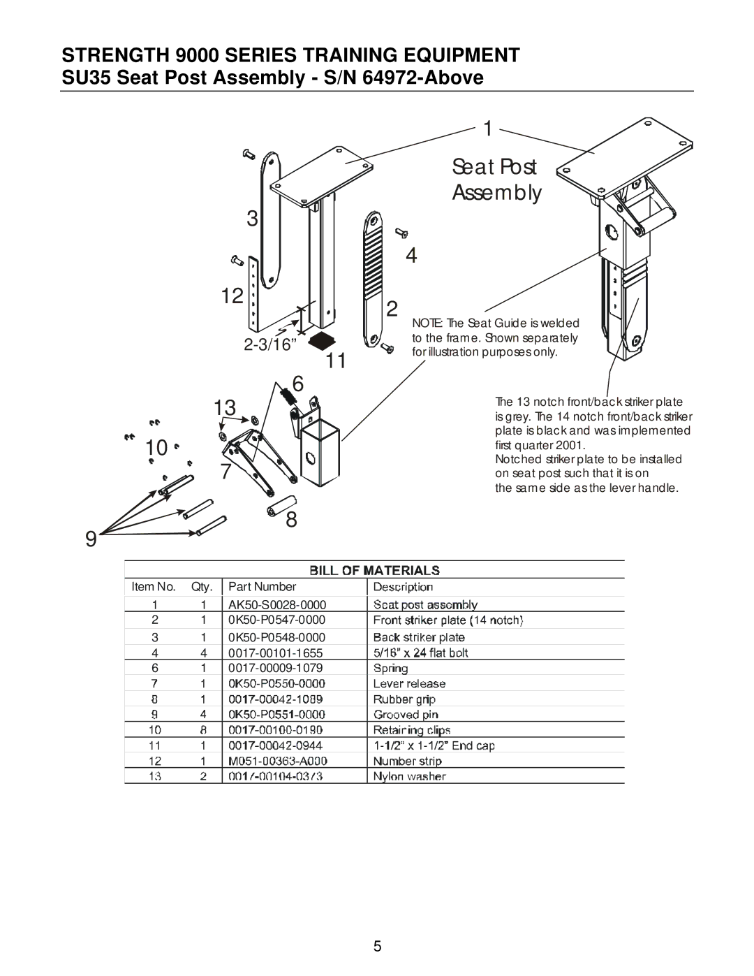 Life Fitness SU35 manual Seat Post Assembly 