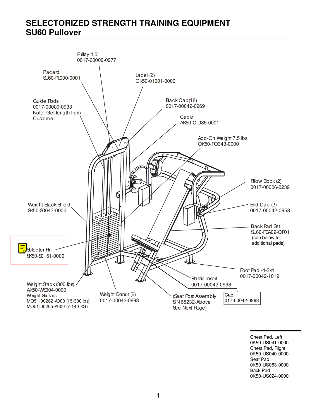 Life Fitness SU60 manual Pulley, Cable, End Cap, Plastic Insert, 0017-00042-0998, Weight Donut, 0017-00042-0993 