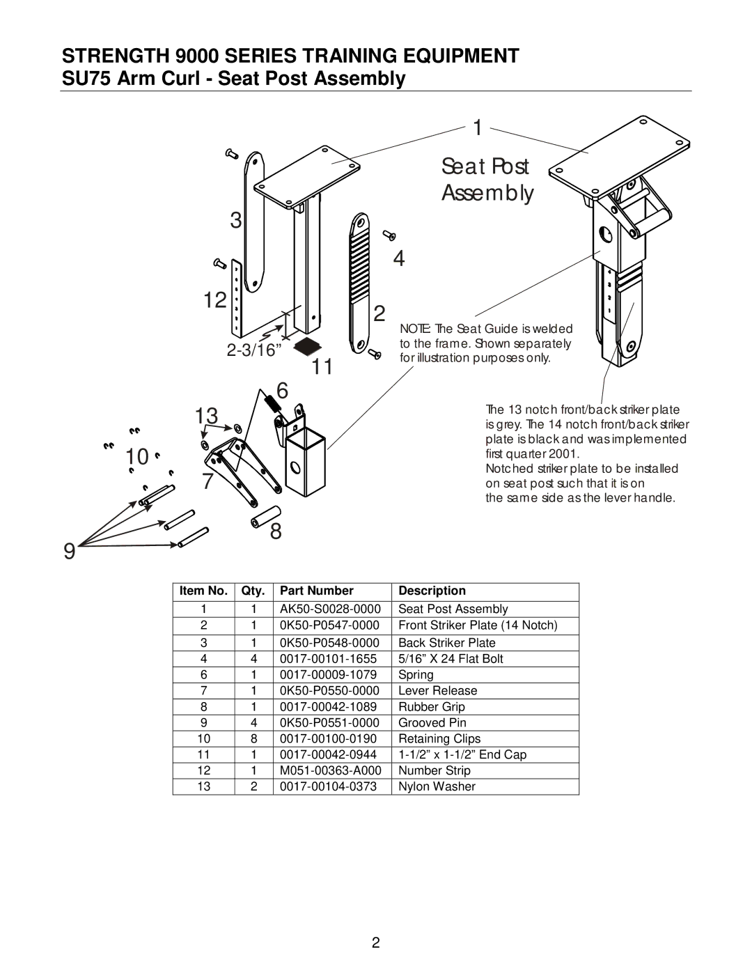 Life Fitness SU75 manual Seat Post Assembly, Item No Qty Part Number Description 