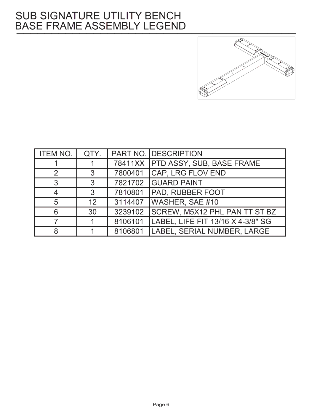 Life Fitness manual SUB Signature Utility Bench Base Frame Assembly Legend 