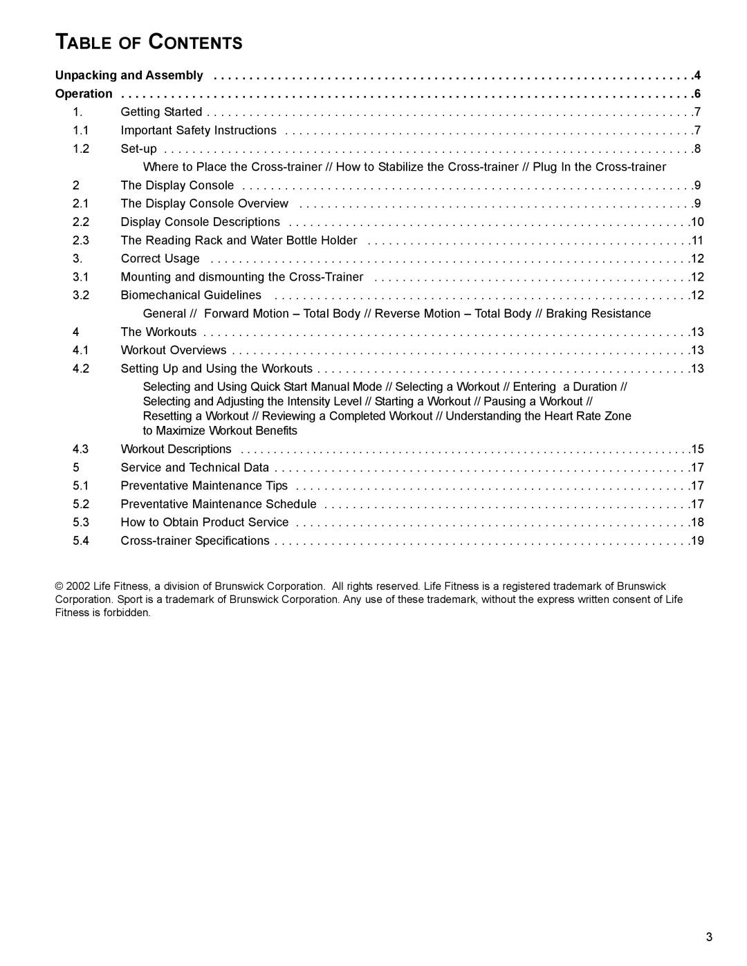 Life Fitness SX30 user manual Table of Contents 