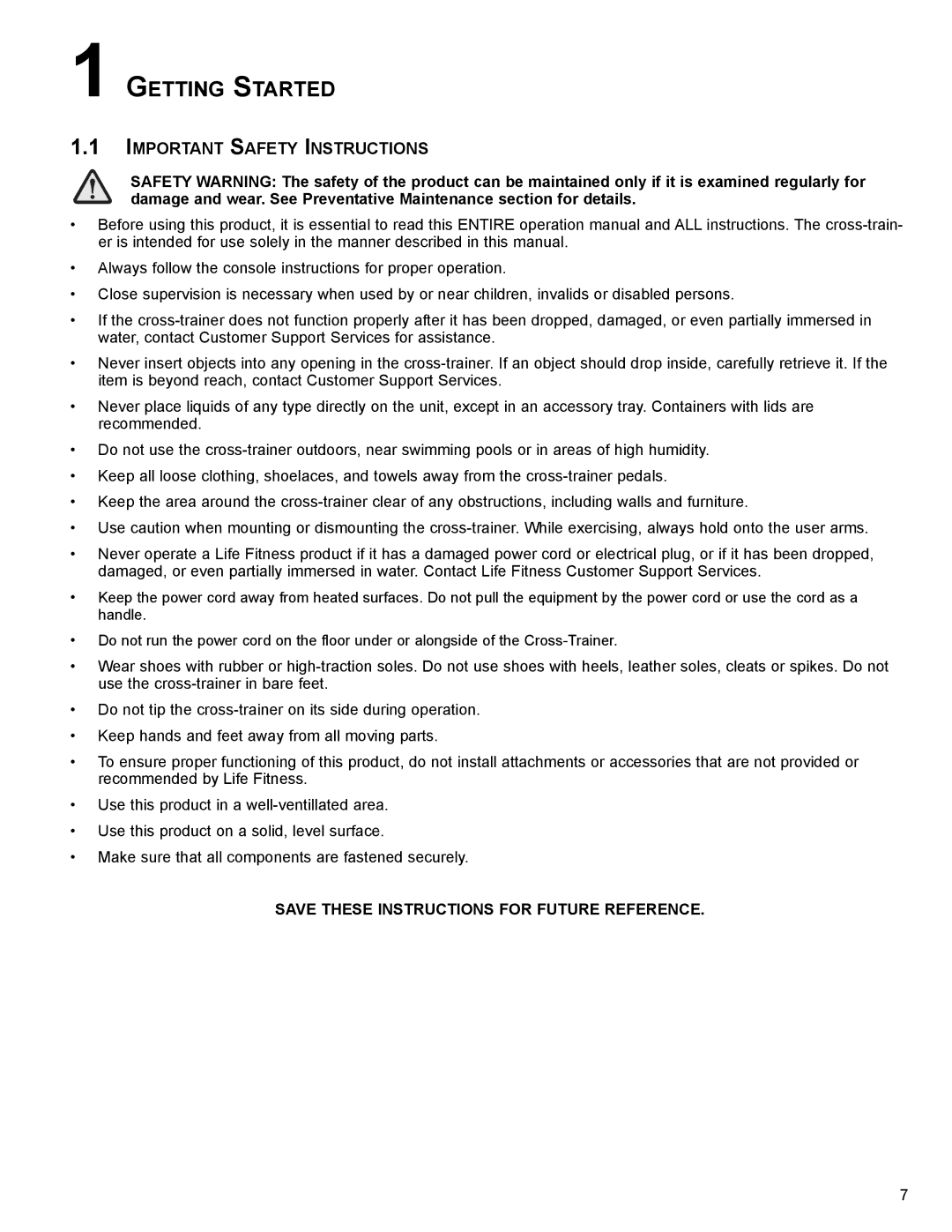 Life Fitness SX30 user manual Getting Started, Important Safety Instructions 