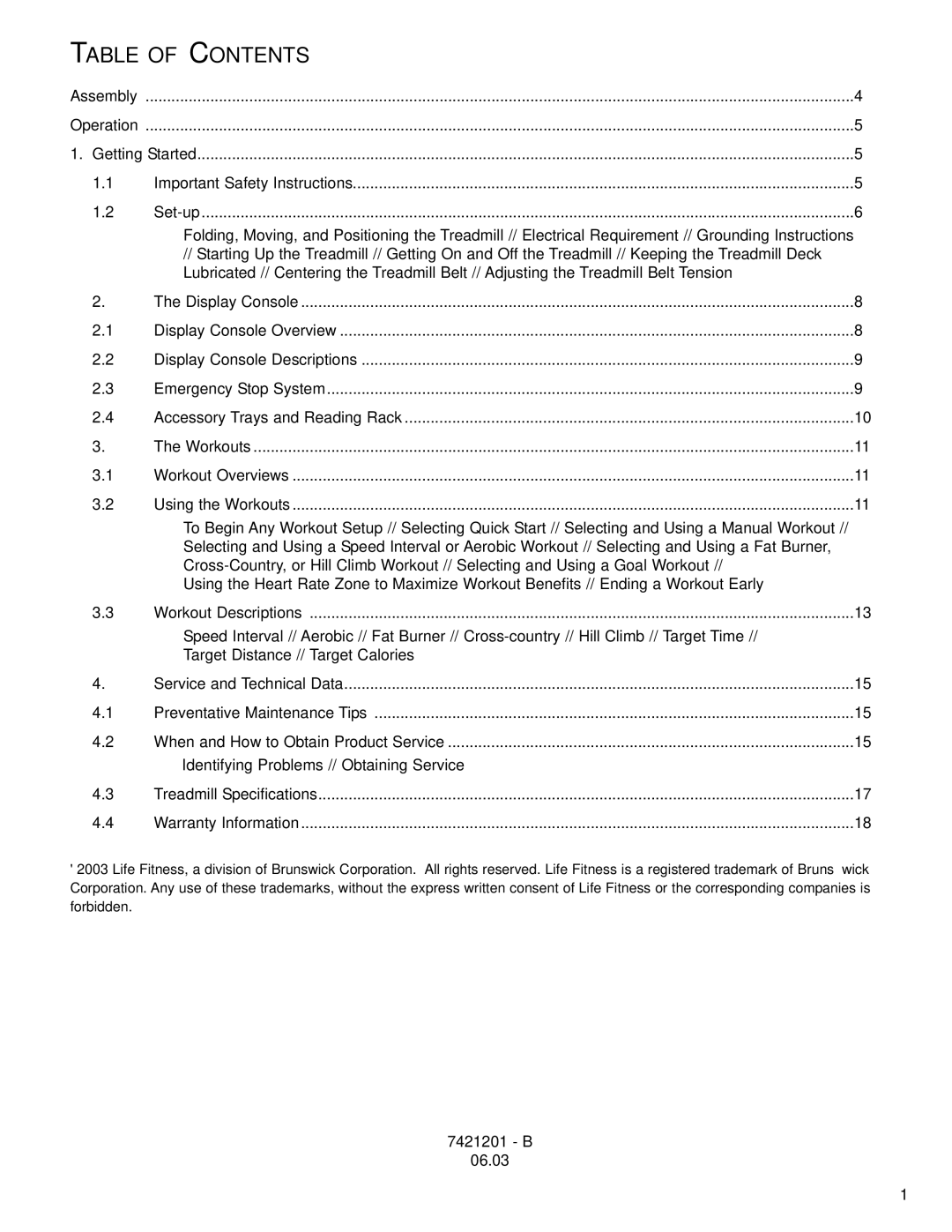 Life Fitness T250 user manual Table of Contents 