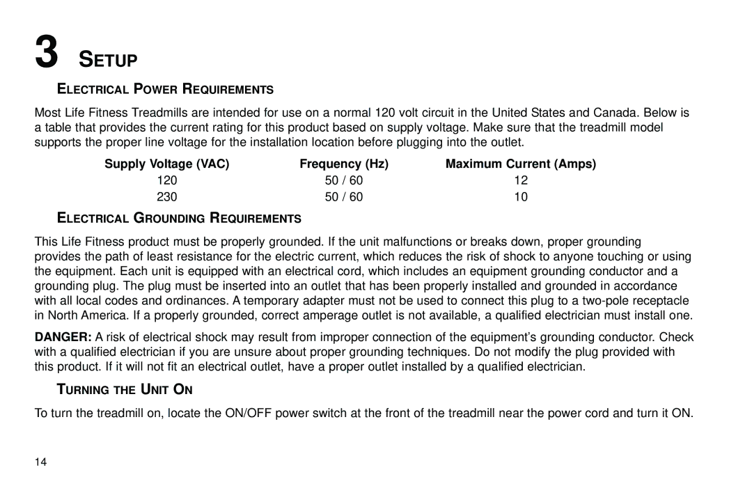 Life Fitness T3 user manual Setup, Frequency Hz Maximum Current Amps 