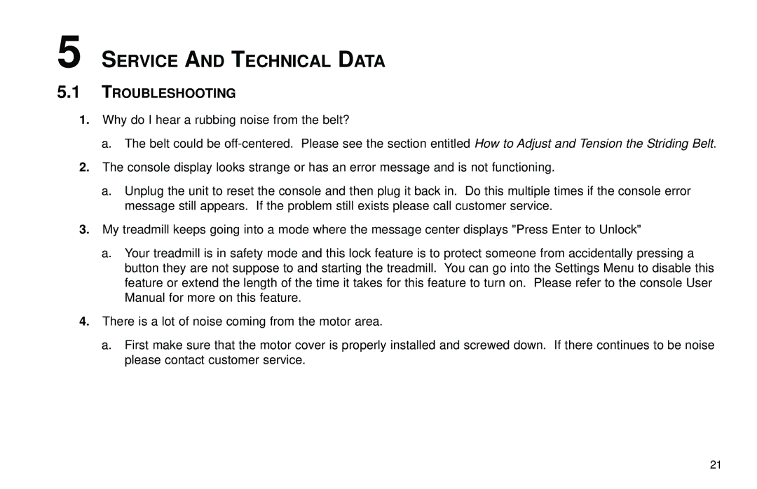 Life Fitness T3 user manual Service and Technical Data, Troubleshooting 