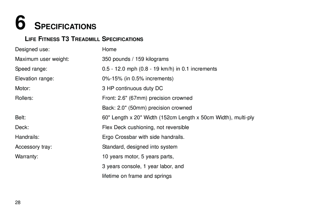 Life Fitness T3 user manual Specifications 