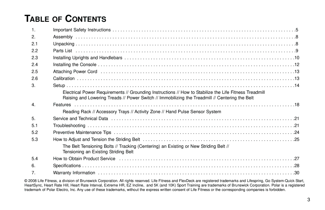 Life Fitness T3 user manual Table of Contents 