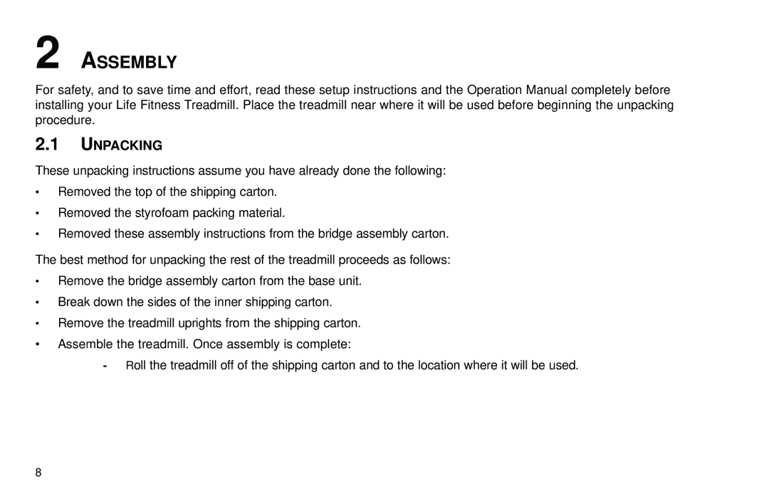 Life Fitness T3 user manual Assembly, Unpacking 