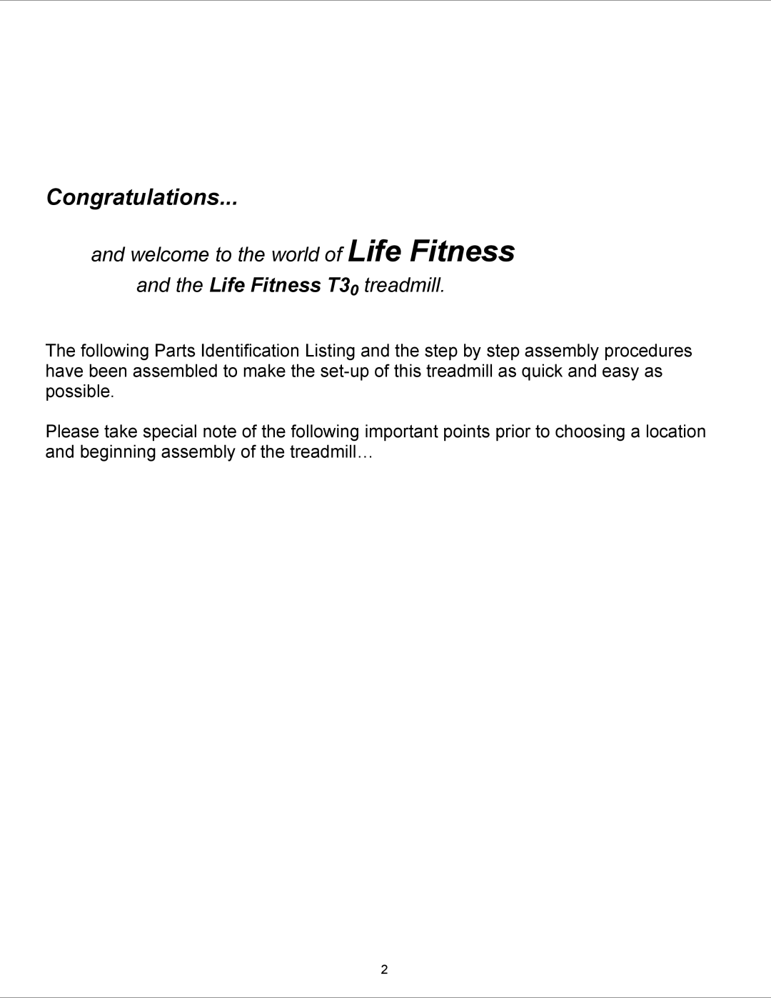 Life Fitness T30 manual Congratulations 