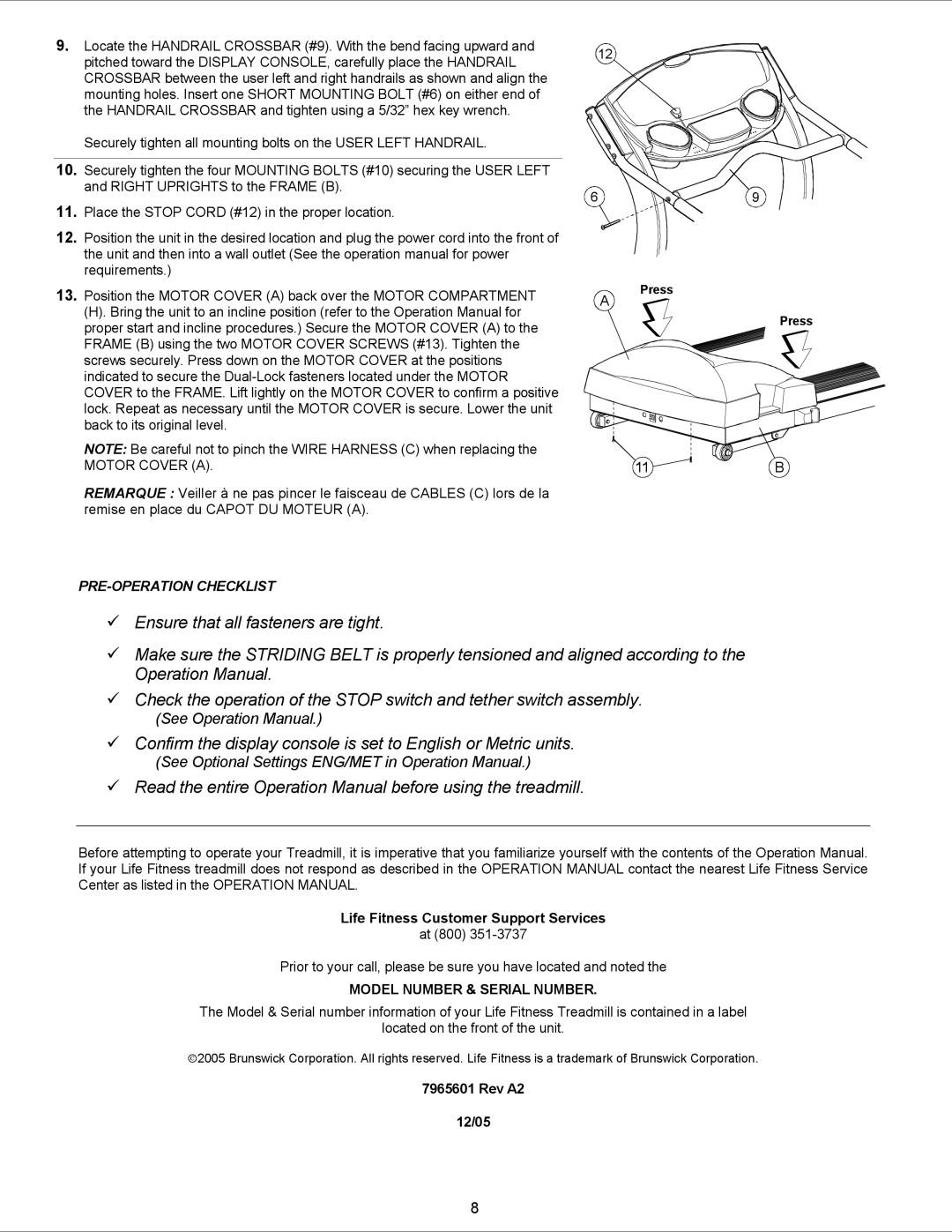 Life Fitness T30 manual Motor Cover a, Model Number & Serial Number 