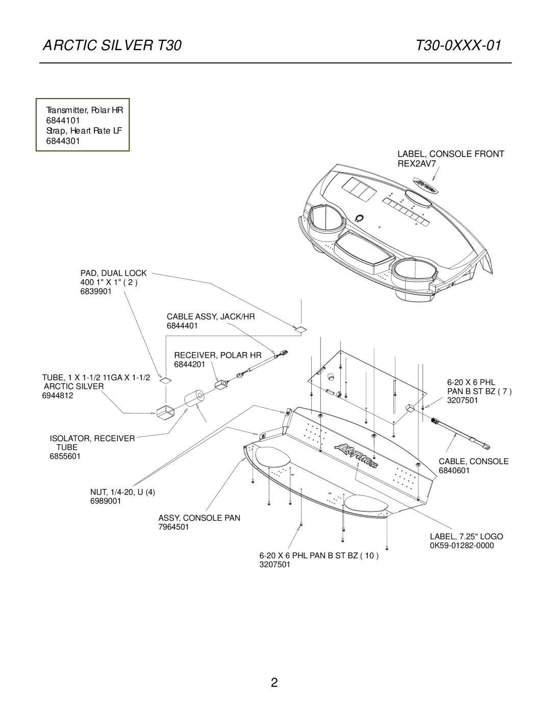 Life Fitness T30 manual Cable ASSY, JACK/HR, Arctic Silver ISOLATOR, Receiver Tube, ASSY, Console PAN, CABLE, Console 