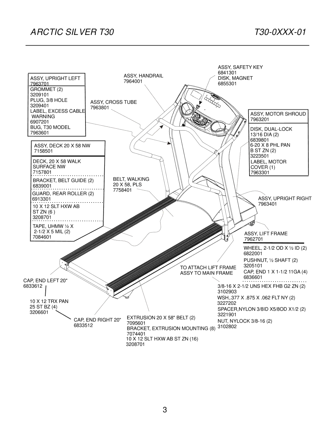 Life Fitness T30 manual ASSY, Safety KEY, ASSY, Handrail, ASSY, Upright Left DISK, Magnet, Grommet, ASSY, Deck 20 X 58 NW 