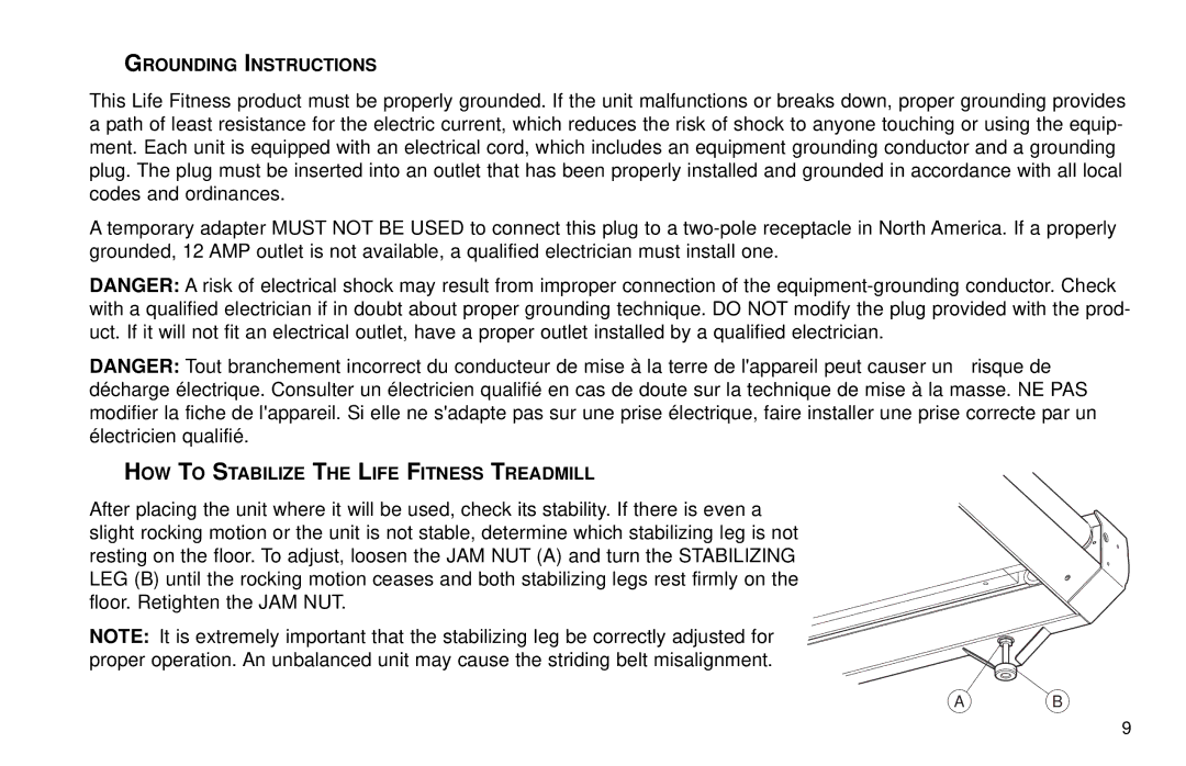 Life Fitness T30/T35 user manual Grounding Instructions, HOW to Stabilize the Life Fitness Treadmill 