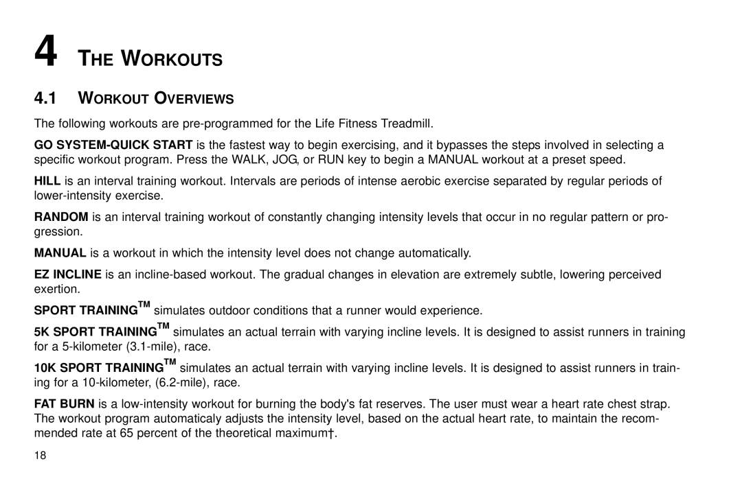 Life Fitness T30/T35 user manual Workouts, Workout Overviews 