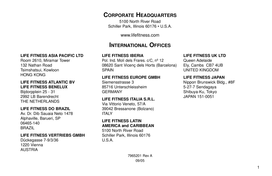 Life Fitness T30/T35 user manual Corporate Headquarters, International Offices 