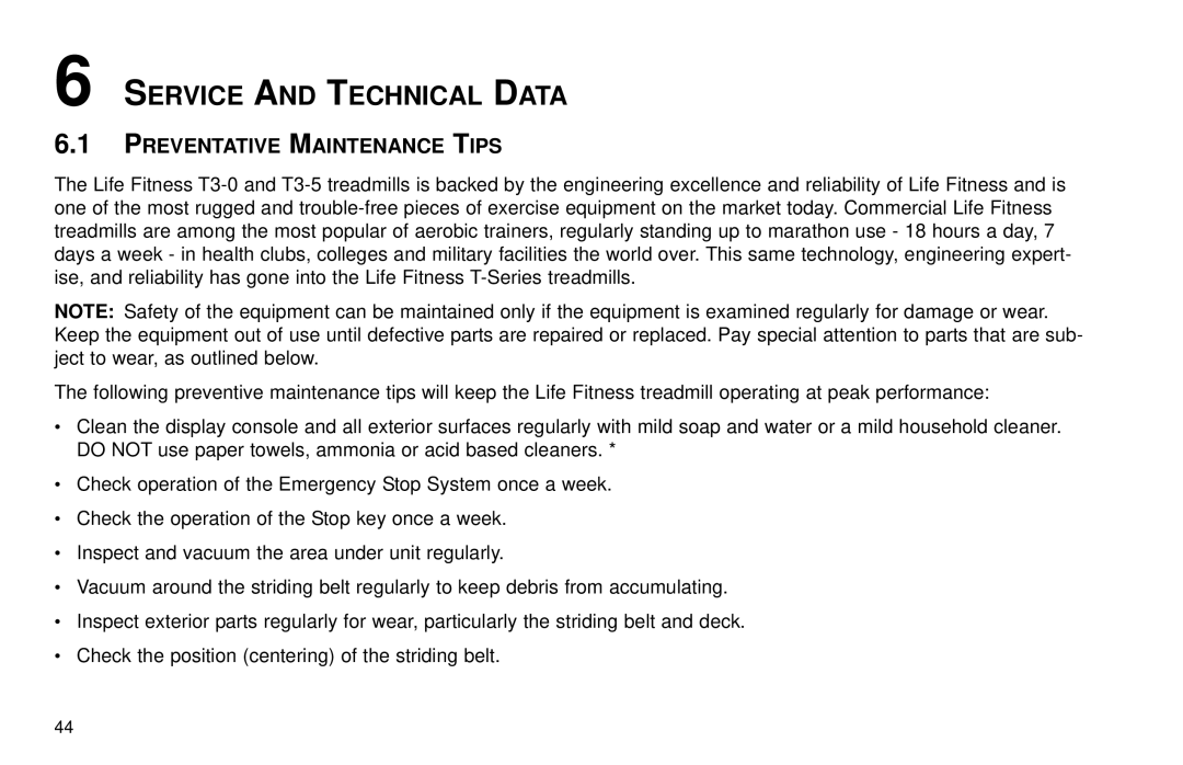 Life Fitness T30/T35 user manual Service and Technical Data, Preventative Maintenance Tips 