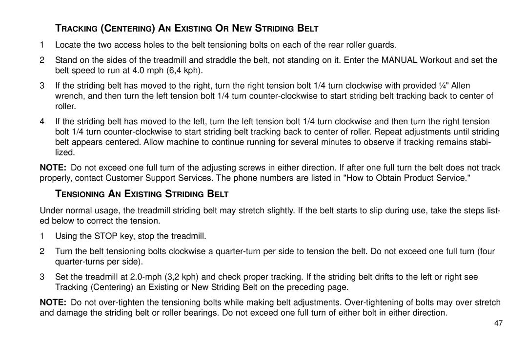 Life Fitness T30/T35 user manual Tracking Centering AN Existing or NEW Striding Belt, Tensioning AN Existing Striding Belt 