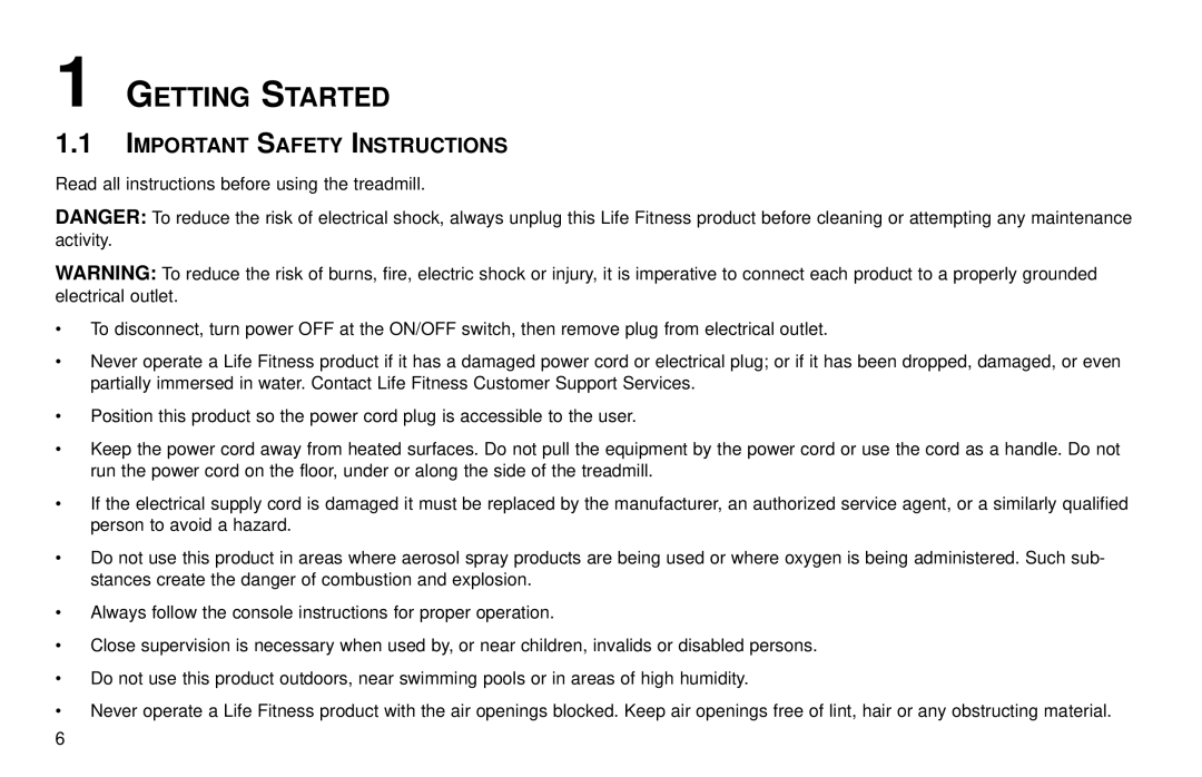 Life Fitness T30/T35 user manual Getting Started, Important Safety Instructions 