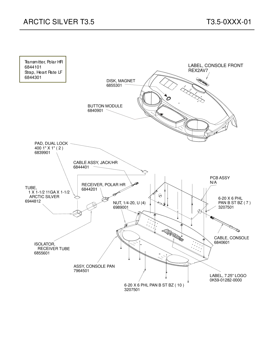 Life Fitness T3.5 manual Transmitter, Polar HR 6844101 Strap, Heart Rate LF 6844301, LABEL, Console Front REX2AV7 