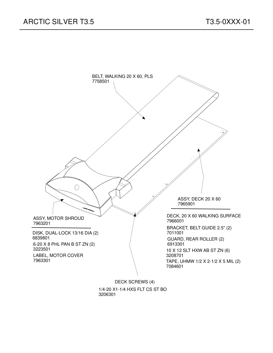 Life Fitness T3.5 manual ASSY, Motor Shroud, LABEL, Motor Cover, DECK, 20 X 60 Walking Surface, Deck Screws 