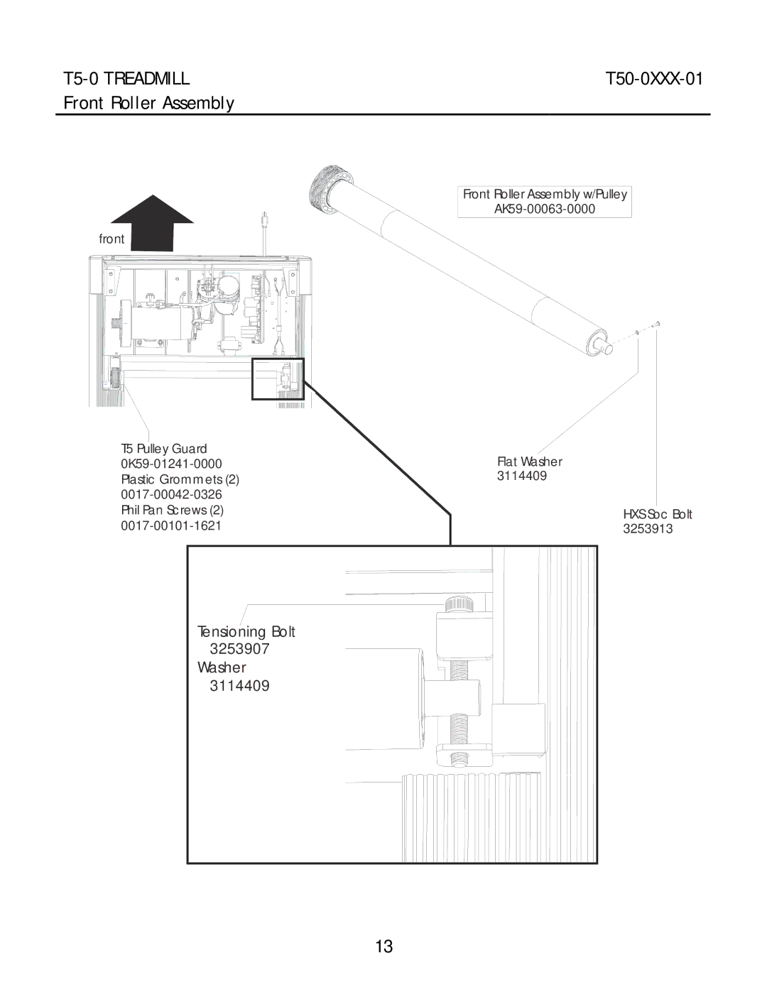 Life Fitness T5-0 manual Front Roller Assembly, Tensioning Bolt 3253907 Washer 3114409 