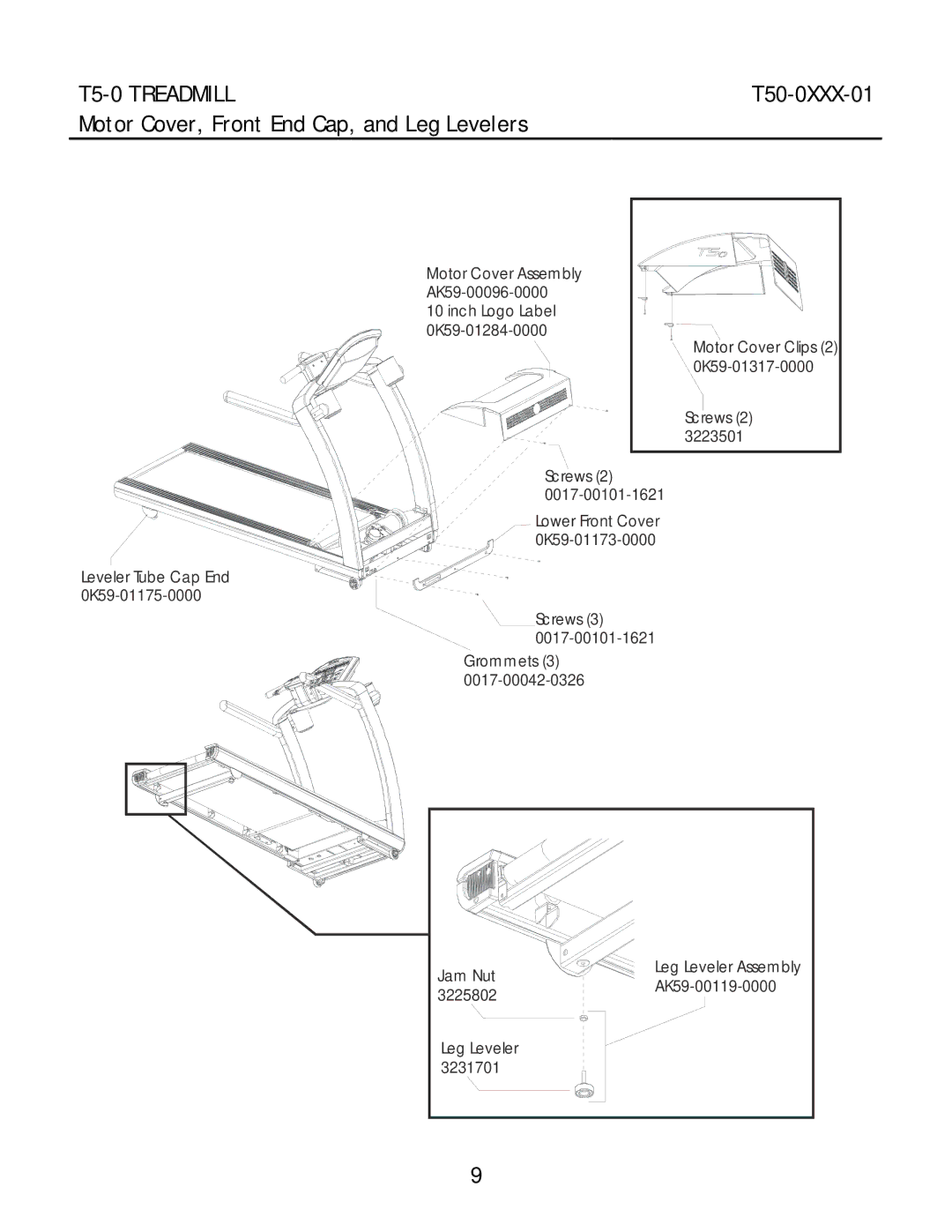 Life Fitness T5-0 manual Motor Cover, Front End Cap, and Leg Levelers 