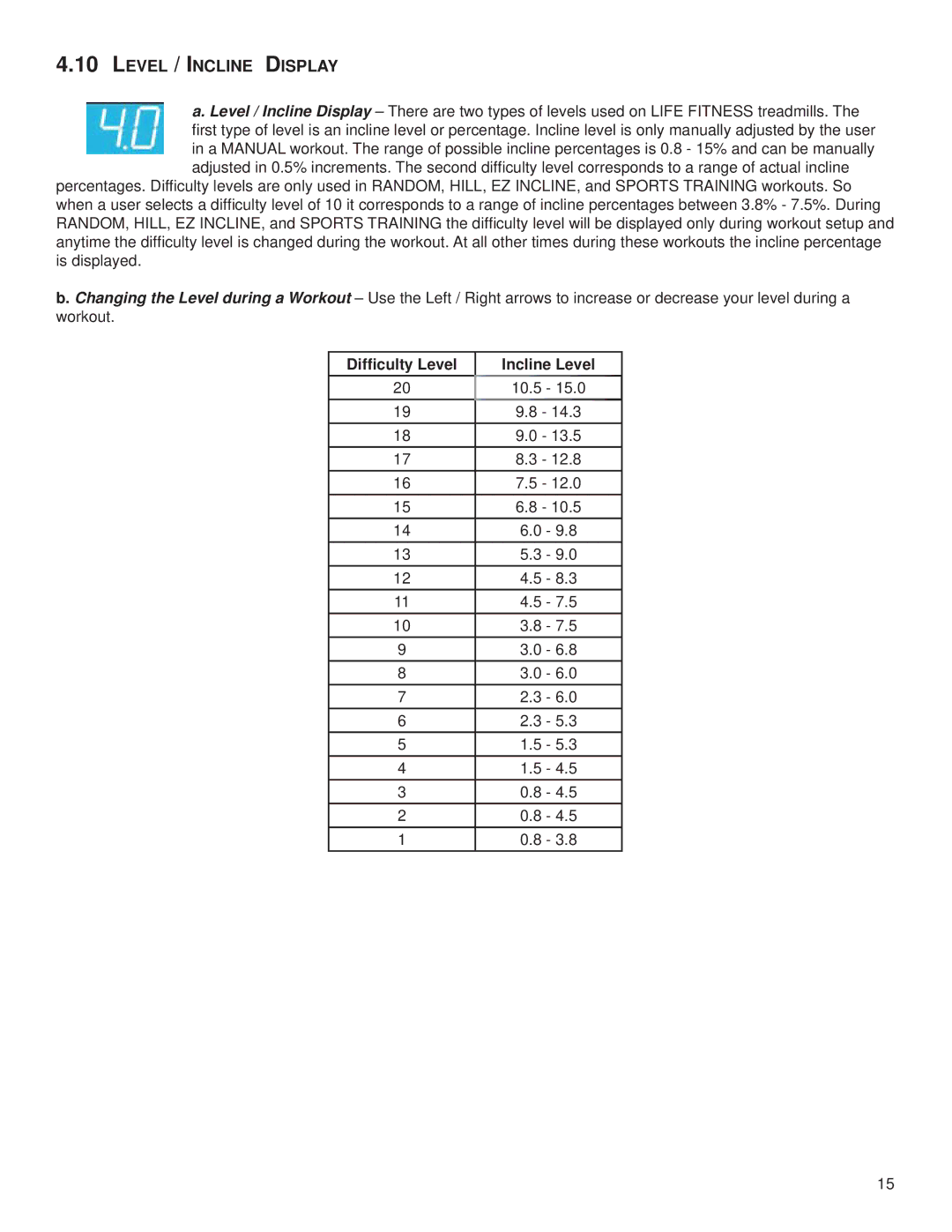 Life Fitness T5, M051-00K59-0014 owner manual Level / Incline Display 