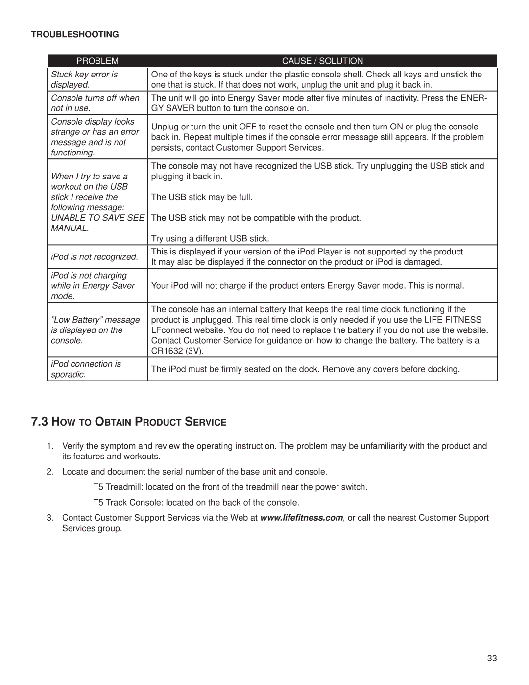 Life Fitness T5, M051-00K59-0014 owner manual HOW to Obtain Product Service, Problem Cause / Solution 