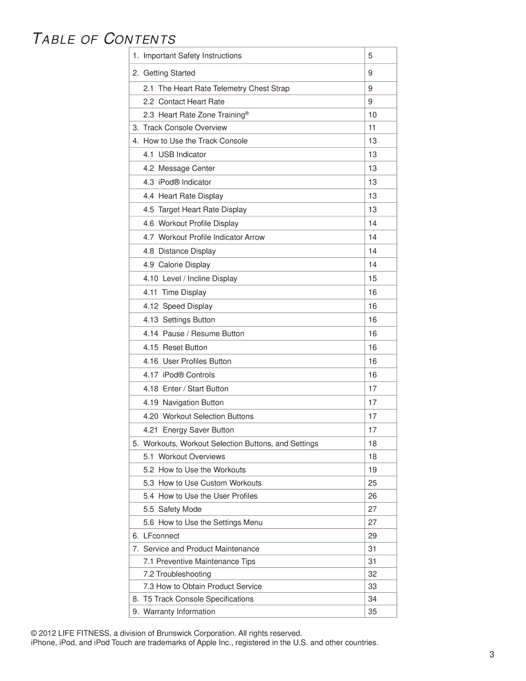 Life Fitness T5, M051-00K59-0014 owner manual Table of Contents 