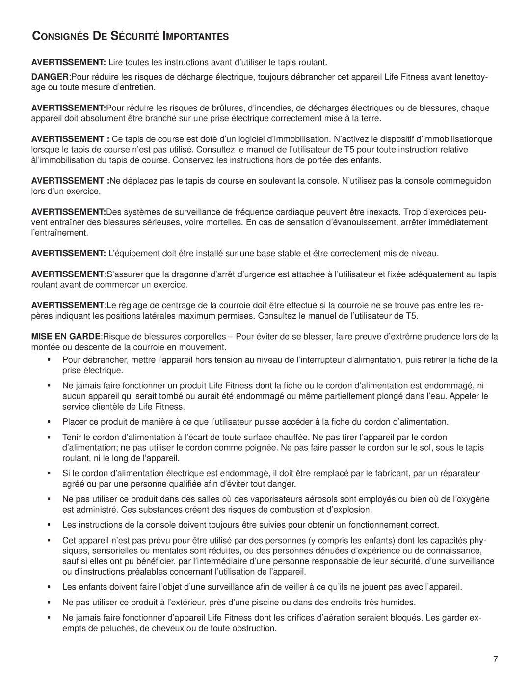 Life Fitness T5, M051-00K59-0014 owner manual Consignés DE Sécurité Importantes 