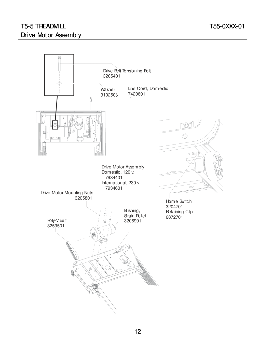 Life Fitness T55-0XXX-01 manual Drive Motor Assembly, T5-5 TREADMILL, Drive Belt Tensioning Bolt 