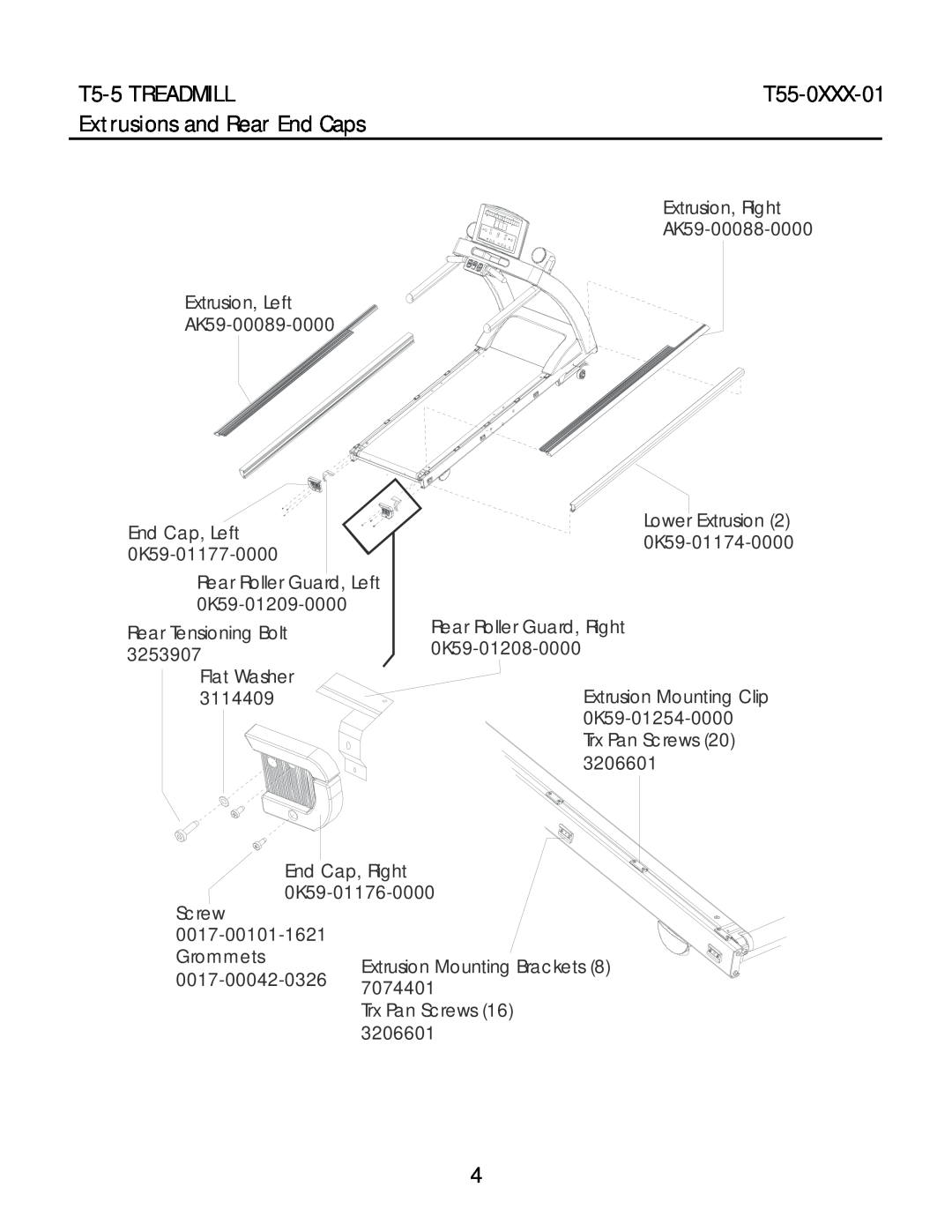 Life Fitness T55-0XXX-01 manual Extrusions and Rear End Caps, T5-5 TREADMILL, Extrusion Mounting Clip 