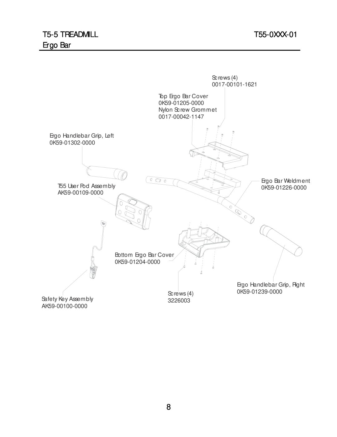 Life Fitness T55-0XXX-01 manual Ergo Bar, T5-5 TREADMILL, Screws 0017-00101-1621 